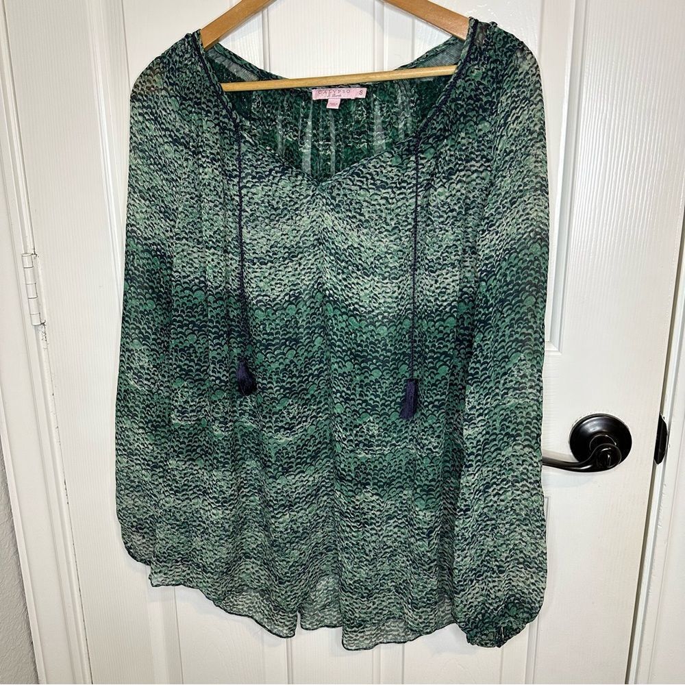 Calypso St. Barth Green Navy Blue Patterned 100% Silk Long Sleeve Blouse Sz S